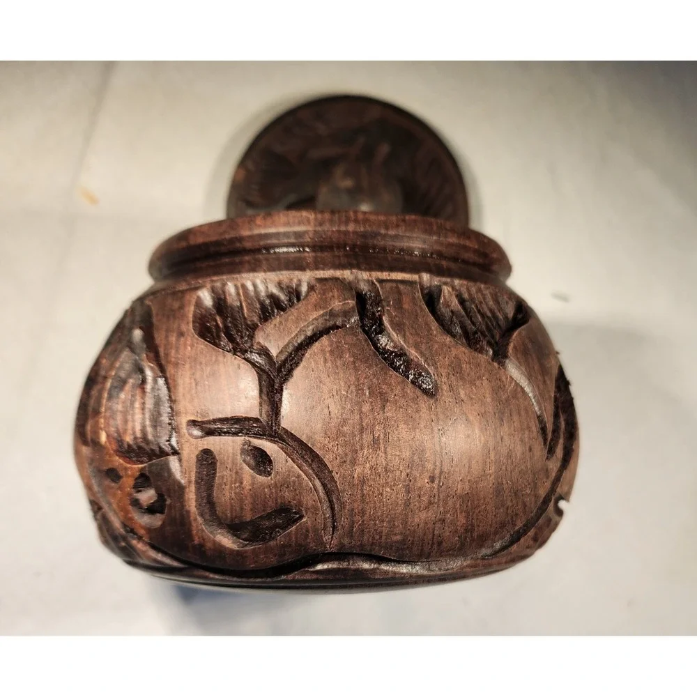Vintage African Wooden Spice Jar Round Handmade Elephants Approx. 3